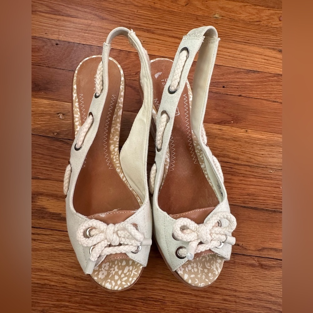 Sperry Wedge Sandals Slingback Canvas Leather Cream/white Womens Size 8.5
